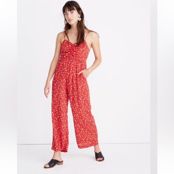 Madewell Pants - Madewell Red Floral Wide Leg Cami Jumpsuit with Pockets SZ 2